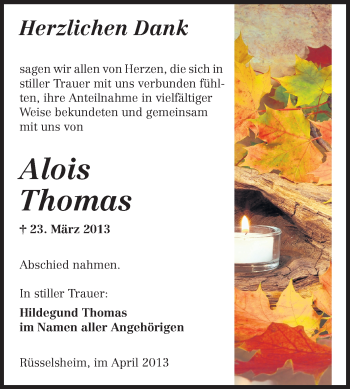 Traueranzeige von Alois Thomas von Rüsselsheimer Echo, Groß-Gerauer-Echo, Ried Echo