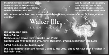 Traueranzeige von Walter Ille von Darmstädter Echo, Odenwälder Echo, Rüsselsheimer Echo, Groß-Gerauer-Echo, Ried Echo