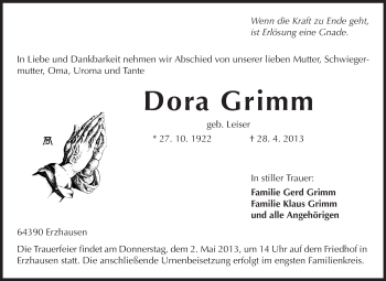 Traueranzeige von Dora Grimm von Echo-Zeitungen (Gesamtausgabe)