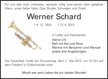 Traueranzeige von Werner Schard von Echo-Zeitungen (Gesamtausgabe)