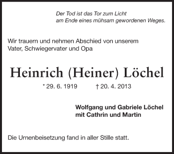 Traueranzeige von Heinrich Löchel von Echo-Zeitungen (Gesamtausgabe)