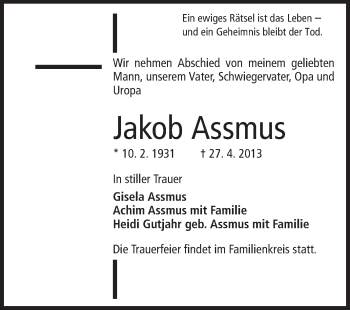 Traueranzeige von Jakob Assmus von Echo-Zeitungen (Gesamtausgabe)