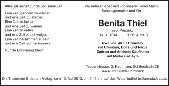 Traueranzeige von Benita Thiel von Echo-Zeitungen (Gesamtausgabe)
