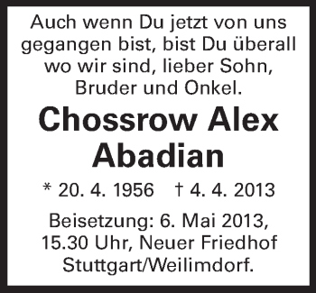 Traueranzeige von Chrossrow Alex Abadian von Echo-Zeitungen (Gesamtausgabe)