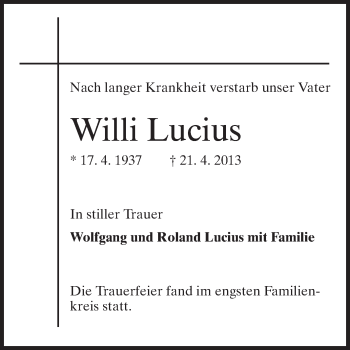 Traueranzeige von Willi Lucius von Echo-Zeitungen (Gesamtausgabe)