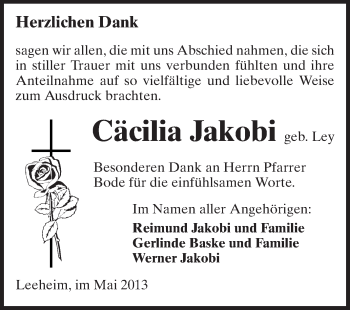 Traueranzeige von Cäcilia Jakobi von Rüsselsheimer Echo, Groß-Gerauer-Echo, Ried Echo