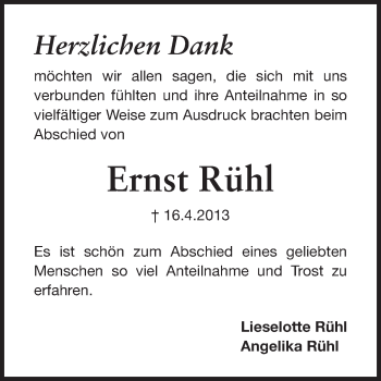 Traueranzeige von Ernst Rühl von Echo-Zeitungen (Gesamtausgabe)