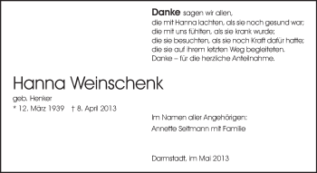 Traueranzeige von Hanna Weinschenk von Echo-Zeitungen (Gesamtausgabe)