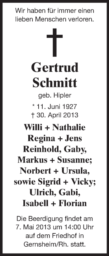 Traueranzeige von Gertrud Schmitt von Echo-Zeitungen (Gesamtausgabe)