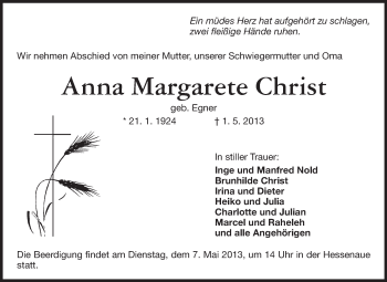 Traueranzeige von Anna Margarete Christ von Rüsselsheimer Echo, Groß-Gerauer-Echo, Ried Echo