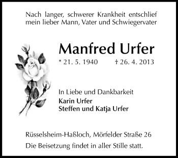 Traueranzeige von Manfred Urfer von Rüsselsheimer Echo, Groß-Gerauer-Echo, Ried Echo