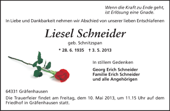Traueranzeige von Liesel Schneider von Echo-Zeitungen (Gesamtausgabe)