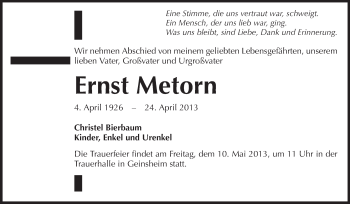 Traueranzeige von Ernst Metorn von Rüsselsheimer Echo, Groß-Gerauer-Echo, Ried Echo