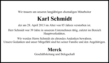 Traueranzeige von Karl Schmidt von Echo-Zeitungen (Gesamtausgabe)