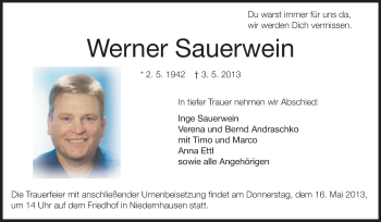 Traueranzeige von Werner Sauerwein von Echo-Zeitungen (Gesamtausgabe)