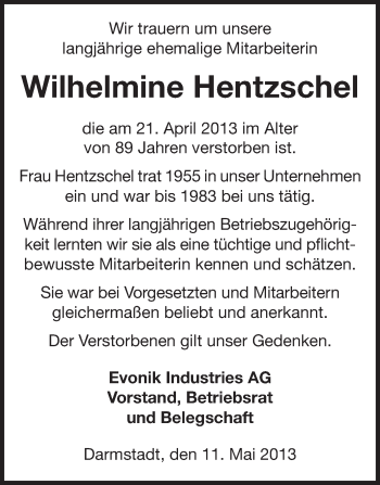 Traueranzeige von Wilhelmine Hentzschel von Echo-Zeitungen (Gesamtausgabe)
