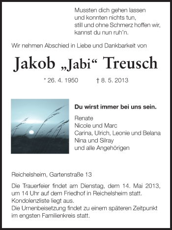 Traueranzeige von Jakob Treusch von Odenwälder Echo