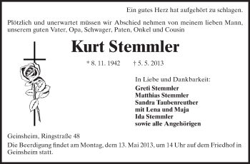 Traueranzeige von Kurt Stemmler von Rüsselsheimer Echo, Groß-Gerauer-Echo, Ried Echo