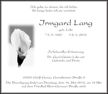 Traueranzeige von Irmgard Lang von Rüsselsheimer Echo, Groß-Gerauer-Echo, Ried Echo