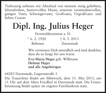 Traueranzeige von Julius Heger von Echo-Zeitungen (Gesamtausgabe)