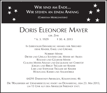 Traueranzeige von Doris Eleonore Mayer von Echo-Zeitungen (Gesamtausgabe)