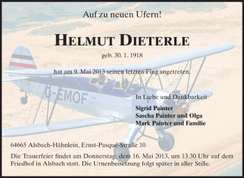 Traueranzeige von Helmut Dieterle von Echo-Zeitungen (Gesamtausgabe)