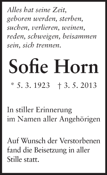Traueranzeige von Sofie Horn von Odenwälder Echo
