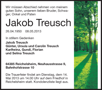 Traueranzeige von Jakob Treusch von Odenwälder Echo