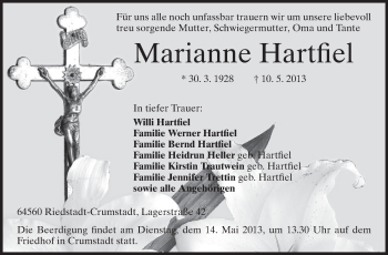 Traueranzeige von Marianne Hartfiel von Rüsselsheimer Echo, Groß-Gerauer-Echo, Ried Echo