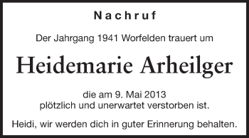 Traueranzeige von Heidemarie Arheilger von Rüsselsheimer Echo, Groß-Gerauer-Echo, Ried Echo