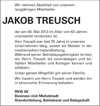 Traueranzeige von Jakob Treusch von Odenwälder Echo