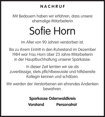 Traueranzeige von Sofie Horn von Odenwälder Echo
