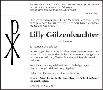 Traueranzeige von Lilly Gölzenleuchter von Echo-Zeitungen (Gesamtausgabe)