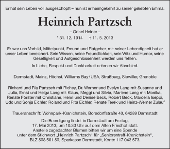 Traueranzeige von Heinrich Partzsch von Echo-Zeitungen (Gesamtausgabe)