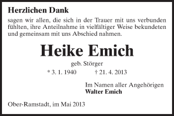 Traueranzeige von Heike Emich von Echo-Zeitungen (Gesamtausgabe)
