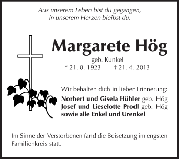 Traueranzeige von Margarete Hög von Echo-Zeitungen (Gesamtausgabe)