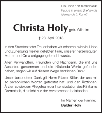 Traueranzeige von Christa Holy von Echo-Zeitungen (Gesamtausgabe)