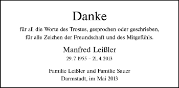 Traueranzeige von Manfred Leißler von Echo-Zeitungen (Gesamtausgabe)
