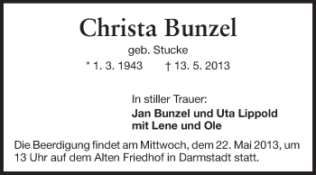 Traueranzeige von Christa Maria Bunzel von Echo-Zeitungen (Gesamtausgabe)