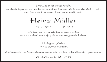 Traueranzeige von Heinz Müller von Rüsselsheimer Echo, Groß-Gerauer-Echo, Ried Echo