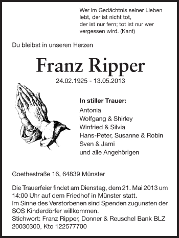 Traueranzeige von Franz Ripper von Echo-Zeitungen (Gesamtausgabe)