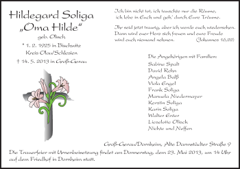 Traueranzeige von Hildegard Soliga von Rüsselsheimer Echo, Groß-Gerauer-Echo, Ried Echo