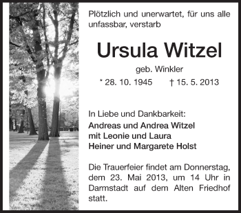Traueranzeige von Ursula Witzel von Echo-Zeitungen (Gesamtausgabe)
