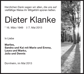 Traueranzeige von Dieter Klanke von Echo-Zeitungen (Gesamtausgabe)