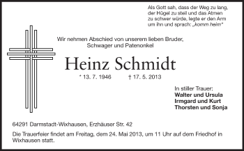 Traueranzeige von Heinz Schmidt von Echo-Zeitungen (Gesamtausgabe)