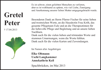 Traueranzeige von Gretel Peter von Echo-Zeitungen (Gesamtausgabe)