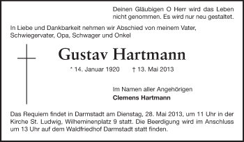 Traueranzeige von Gustav Hartmann von Echo-Zeitungen (Gesamtausgabe)