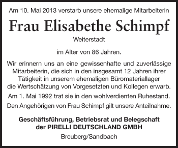 Traueranzeige von Elisabeth Schimpf von Odenwälder Echo