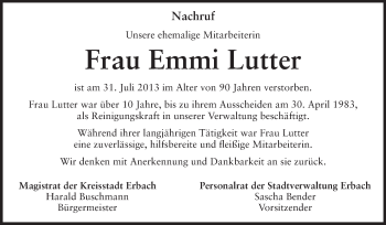 Traueranzeige von Emmi Lutter von Odenwälder Echo