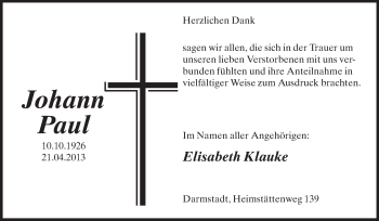 Traueranzeige von Johann Paul von Echo-Zeitungen (Gesamtausgabe)